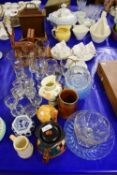 LARGE MIXED LOT OF DRINKING GLASSES, CHARACTER TEA POT, WOODEN BOOKENDS, ROYAL STAFFORD TEA WARES