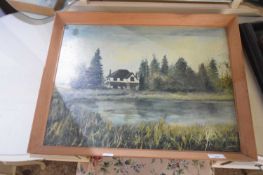 20TH CENTURY SCHOOL STUDY OF A RIVERSIDE HOUSE, OIL ON BOARD, FRAMED