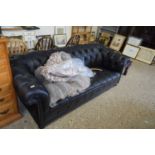 MODERN BLACK LEATHER CHESTERFIELD STYLE SOFA, 210CM WIDE