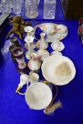 MIXED LOT VARIOUS DRESSING TABLE CHINA WARES, VINTAGE BINOCULARS, COMPOSITION WALL BRACKET ETC