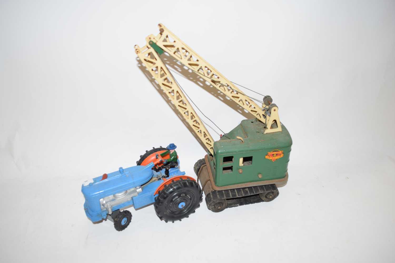 LUMAR CONTRACTORS METAL MODEL CRANE, TOGETHER WITH A FURTHER PLASTIC BATTERY OPERATED TOY TRACTOR