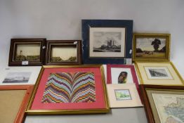 MIXED LOT VARIOUS FRAMED PICTURES, ENGRAVINGS, MAP OF DURHAM ETC