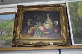 H F BORTON, STILL LIFE STUDY OF BOTTLE OF WINE AND FRUIT, OIL ON CANVAS, GILT FRAMED