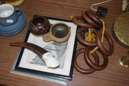 CURTAIN RINGS, FRAMED PICTURES, HORN MOUNTED SPILL HOLDER ETC