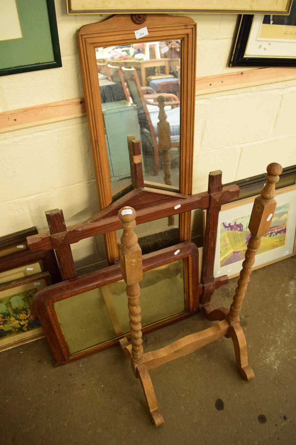 CHEVAL MIRROR, OVERMANTEL MIRROR AND A OXFORD TYPE PICTURE FRAME (3)