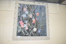ROBERTSON, STUDY OF SWEET PEAS, OIL ON BOARD SET INTO A PIERCED FRAME