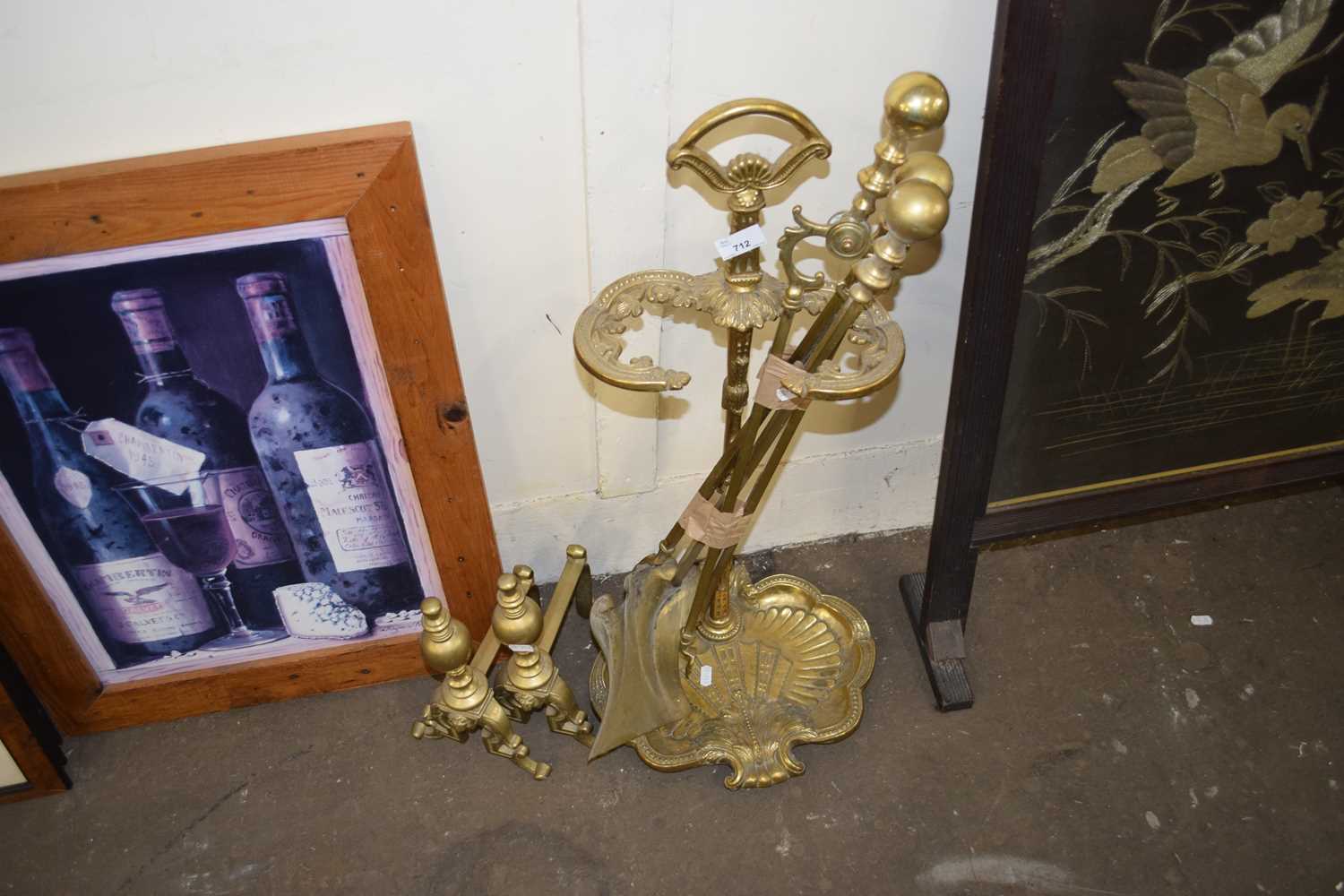 BRASS UMBRELLA STAND TOGETHER WITH A SET OF BRASS FIRE TOOLS AND FIRE DOGS