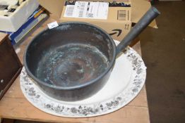 LARGE COPPER PAN AND AN OVAL MEAT PLATE