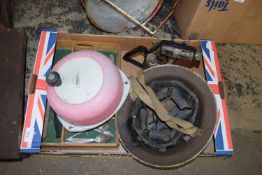 BOX OF MIXED ITEMS, MILITARY HELMETS, BLOW TORCH, CUTLERY, VINTAGE FIRE ALARM ETC