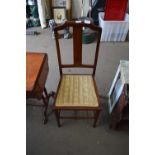 Small Edwardian mahogany framed side chair with striped upholstered seat