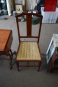 Small Edwardian mahogany framed side chair with striped upholstered seat