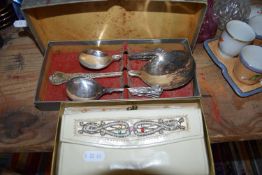 CASED SILVER PLATED CUTLERY, VINTAGE PURSES ETC