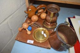 VARIOUS WARES TO INCLUDE A WHEELED WOODEN TOY DUCK, VARIOUS COPPER WARES, BRASS WARES, SMALL LEATHER