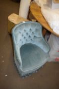 SMALL BLUE UPHOLSTERED BUTTON BACK CHAIR