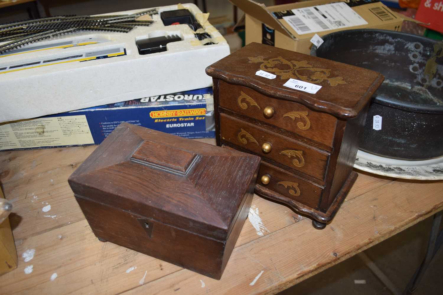 THREE DRAWER JEWELLERY CABINET WITH A SMALL SARCOPHAGUS FORMED TEA CADDY