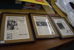 THREE REPRODUCTION LONDON HERALD FRAMED NEWSPAPER FRONT PAGES, EVEREST CONQUEST, VICTORY IN EUROPE