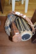 SMALL BASKET, SMALL DOUBLE ENDED DRUM AND AN INCENSE BOX