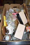 BOX OF MIXED HOUSEHOLD CHINA AND GLASS WARES TO INCLUDE RANGE DRINKING GLASSES, TEA WARES ETC