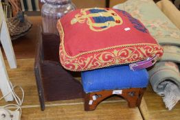 SMALL PINE FRAMED STOOL WITH UPHOLSTERY TOP, AN OAK WALL BRACKET AND A CUSHION MARKED 'QUEEN' (3)
