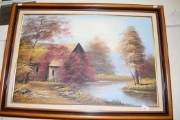 J WATTS, STUDY OF A RIVERSIDE COTTAGE, OIL ON CANVAS, FRAMED