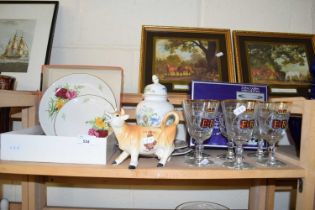 QUEENS SILVER JUBILEE GOBLET, COW CREAMER, VARIOUS CAKE PLATES AND CERAMICS