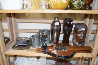 CARVED AFRICAN HEADS, PEWTER TANKARD, COCKTAIL SHAKER, FIRE BELLOWS ETC