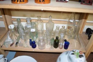 VARIOUS VINTAGE GLASS BOTTLES, GLASS FUNNELS AND OTHER ITEMS