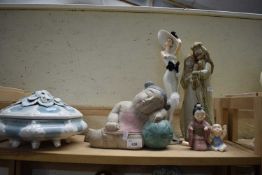 VARIOUS MODERN ORNAMENTS AND A FLORAL DECORATED COVERED DISH