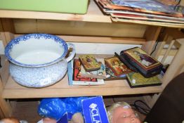 VARIOUS SMALL FRAMED PICTURES, MODERN RELIGIOUS ICON AND A CHAMBER POT