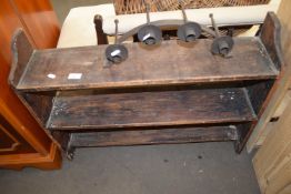 SMALL STAINED PINE SHELF UNIT AND A WALL MOUNTED CANDLEHOLDER (2)