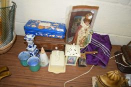 RELIGIOUS FIGURES, SUGAR SIFTER, WOODEN JEWELLERY BOX ETC