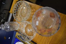 THREE GLASS BOWLS AND A DECANTER