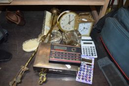 VARIOUS DRESSING TABLE ITEMS, SILVER PLATED CIGARETTE BOX, BEDSIDE CLOCKS, VINTAGE CALCULATORS