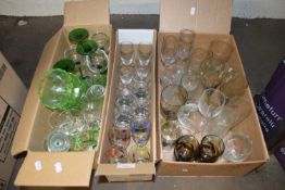 THREE SMALL BOXES OF DRINKING GLASSES AND OTHER ITEMS