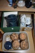 HOLKHAM POTTERY CHRISTMAS 1977 CANDLE HOLDER, SMALL KITCHEN STORAGE JARS, EGG CUPS ETC