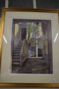 'THE SHADOWED COURTYARD', COLOURED PRINT, INDISTINCTLY SIGNED IN PENCIL, F/G