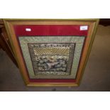 PAIR 20TH CENTURY ORIENTAL NEEDLEWORK PICTURES DECORATED WITH A TIGER AND A BIRD, GILT FRAMED AND