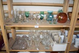 VARIOUS MODERN DRINKING GLASSES AND OTHER ITEMS (TWO SHELVES)