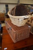 WICKER PICNIC HAMPER AND THREE VARIOUS BASKETS