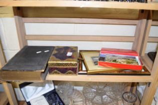 VINTAGE HOLY BIBLE, SMALL BRASS BOUND BOX, FRAMED PICTURES AND A BOX OF MIXED POSTCARDS