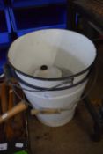 TWO ENAMEL BUCKETS AND A STORAGE CONTAINER