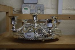 SILVER PLATED CANDELABRA, TABLE BRUSH AND A SILVER PLATED STAND