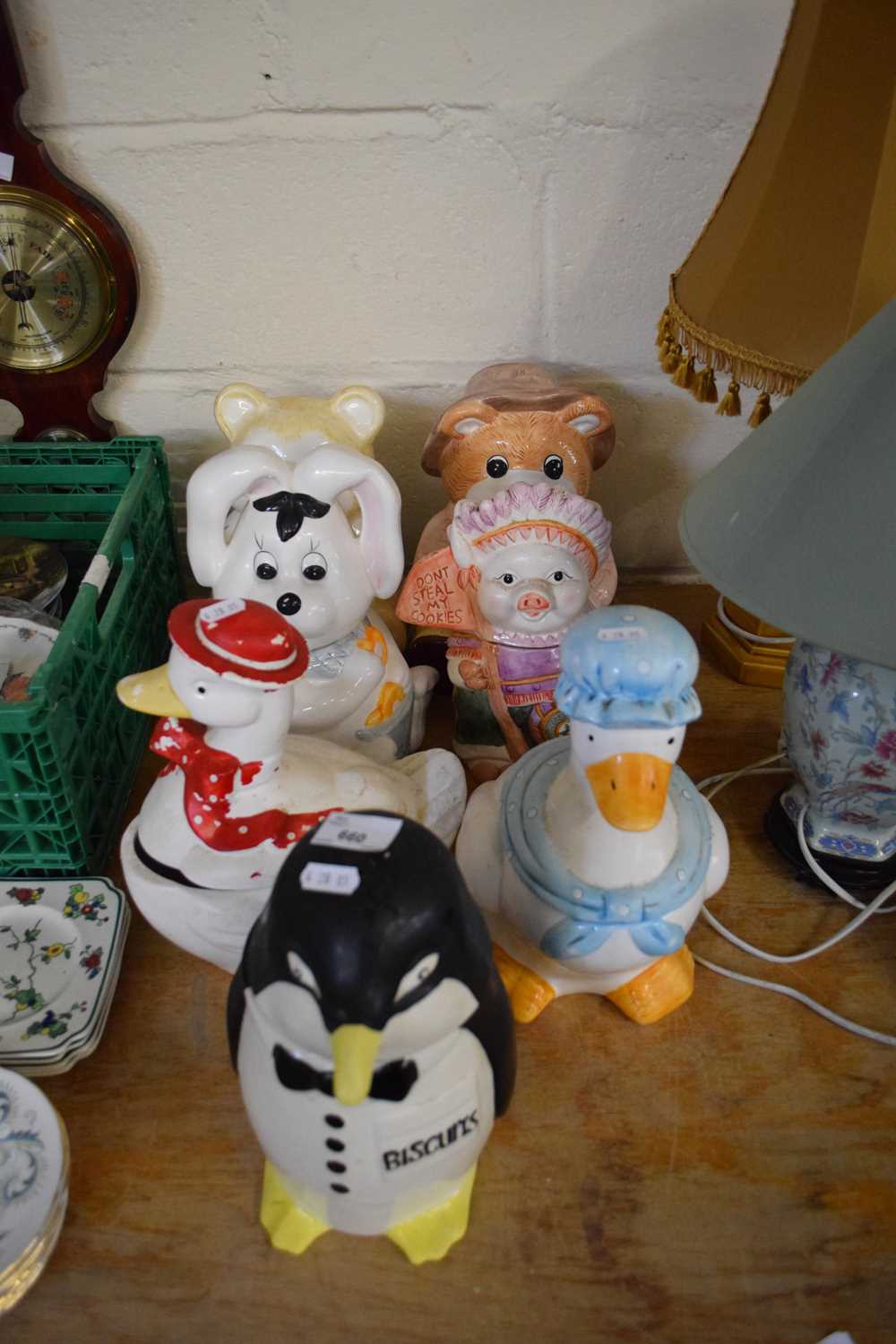 SEVEN NOVELTY ANIMAL FORMED BISCUIT BARRELS