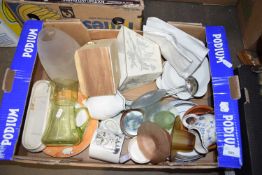 BOX OF MIXED HOUSEHOLD CERAMICS, GLASS WARES ETC