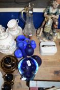 BLUE GLAZED POTTERY ITEMS, GLASS JUG, ART GLASS ASHTRAY ETC