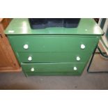 GREEN PAINTED THREE DRAWER CHEST, 75CM WIDE