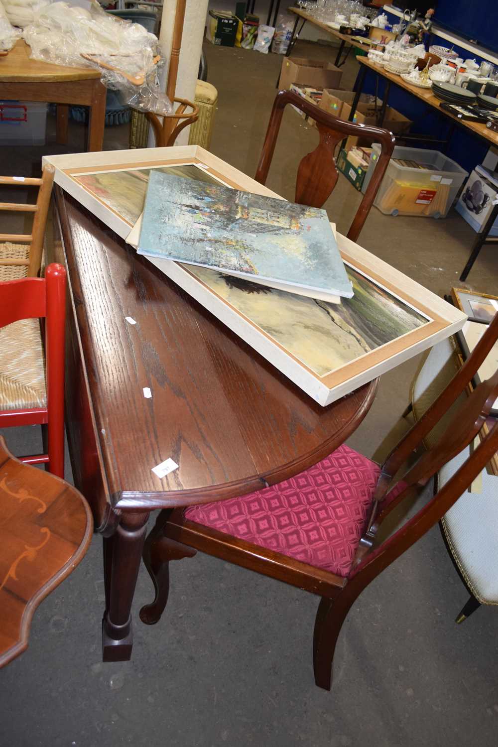 MODERN OAK DROP LEAF DINING TABLE AND TWO CABRIOLE LEGGED CHAIRS (3)