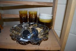 VARIOUS GLASS WARES, CHROME PLATED TABLE BASKET, ORNAMENTS ETC