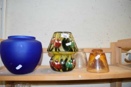 GLASS CANDLE HOLDERS, FLORAL DECORATED LAMP, BLUE GLASS VASE ETC