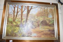 DIPNALL, STUDY OF A BRIDGE OVER A STREAM WITH DAFFODILS IN FOREGROUND, textured print, FRAMED